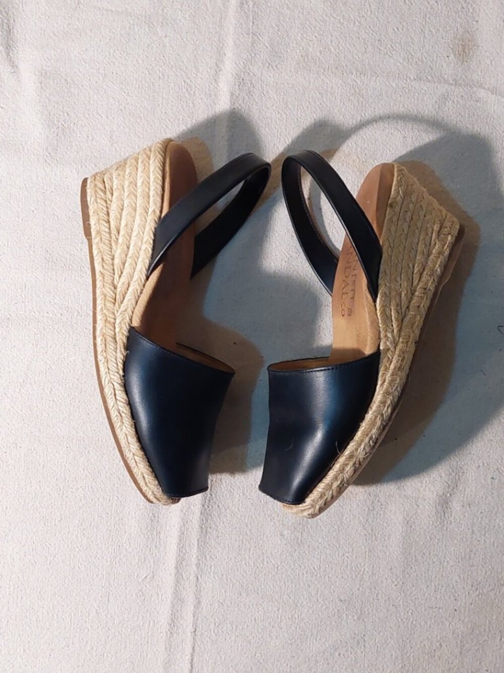 Spanish Sandal Co. Black Leather Wedge Espadrille Slingback Sandals Size: 8.5